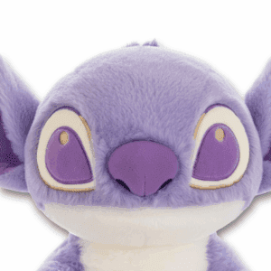 Paars officieel Disney Stitch pluche knuffel, close-up van het gezicht