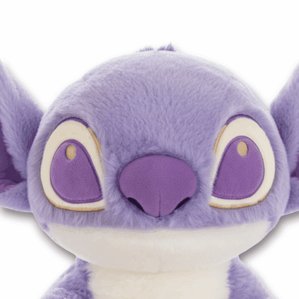 Paars officieel Disney Stitch pluche knuffel, close-up van het gezicht