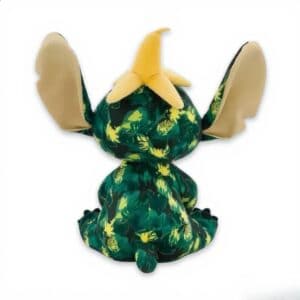 Stitch pluche knuffel rugzijde, Baloe-achtige rieten rok, rode bloem op hoofd, The Jungle Book thema.