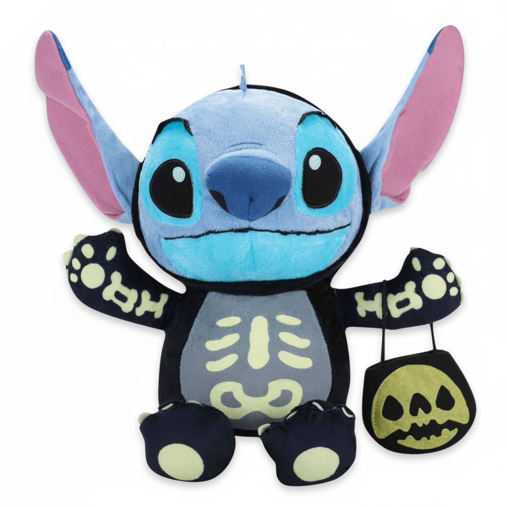 Officiële Disney Stitch knuffel, 30 cm, verkleed als skelet voor Halloween met een pompoen tasje.